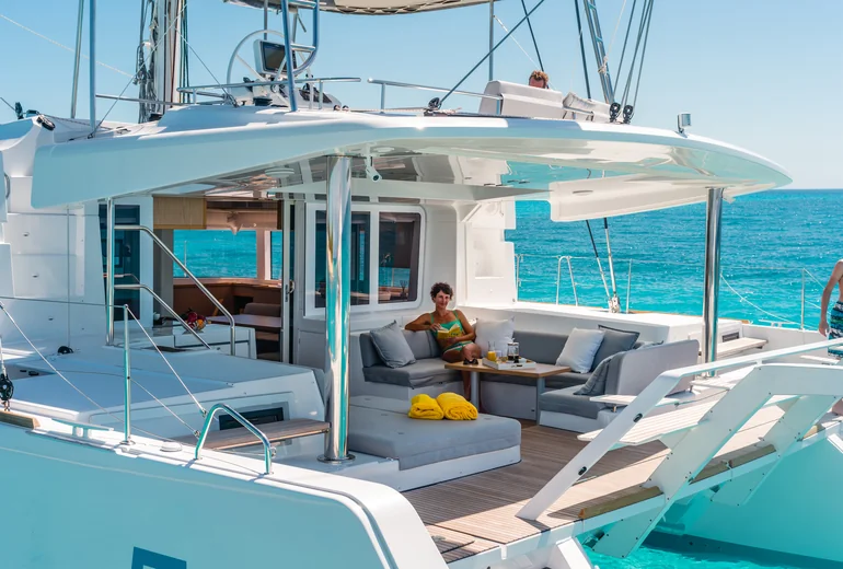 Charter catamaran cruising along Croatian Adriatic coast
