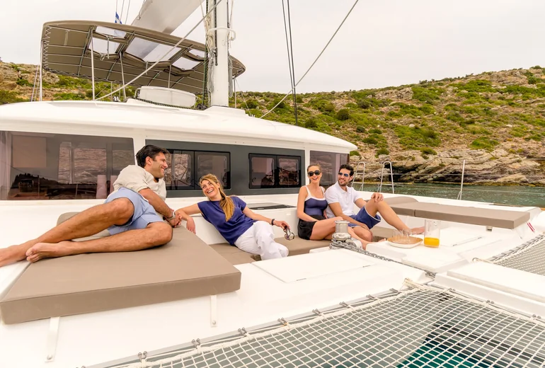 Charter catamaran with crew on board enjoying Croatian summer day